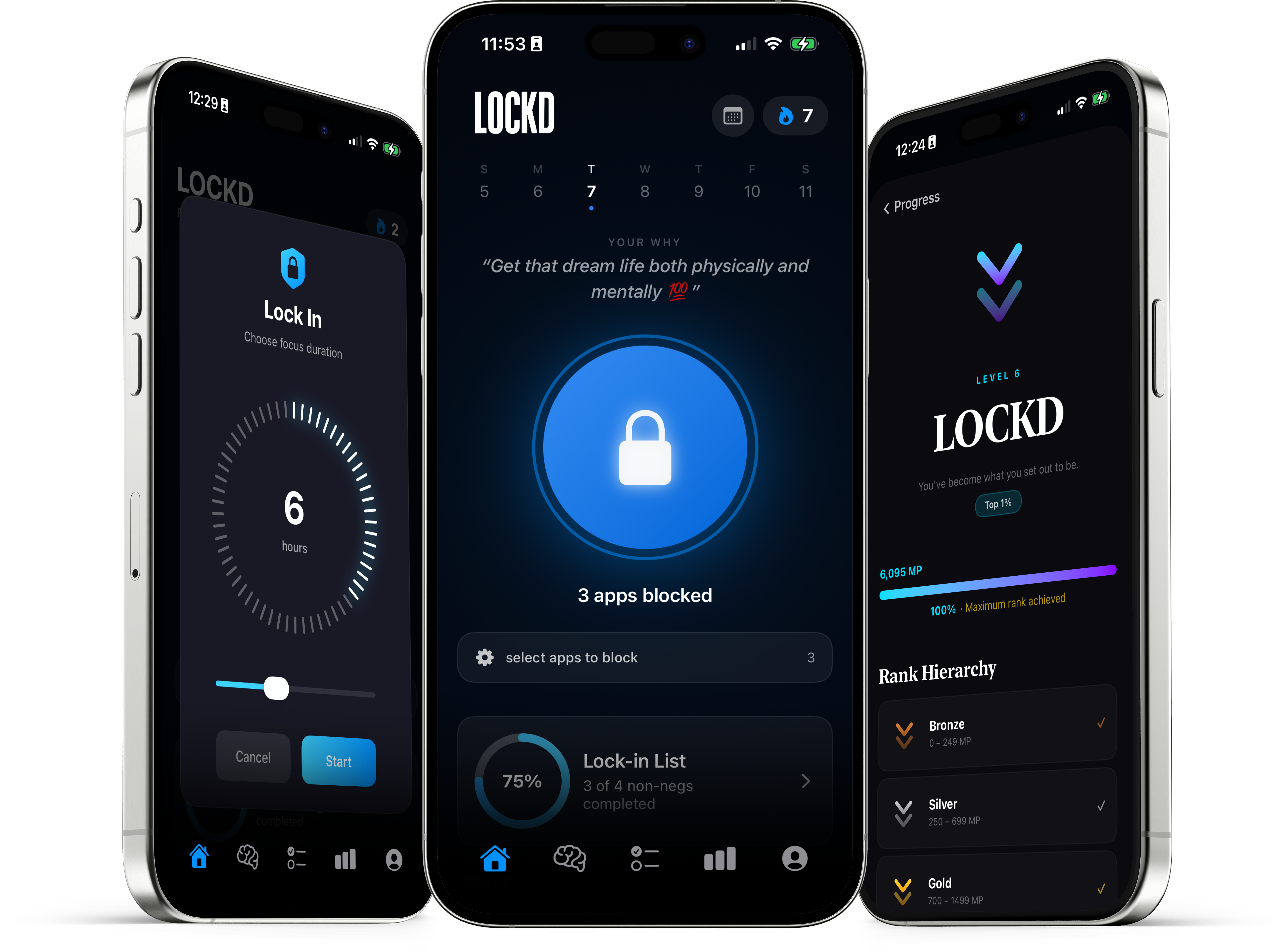 LOCKD app screens — Lock In timer, home screen, and rank progress